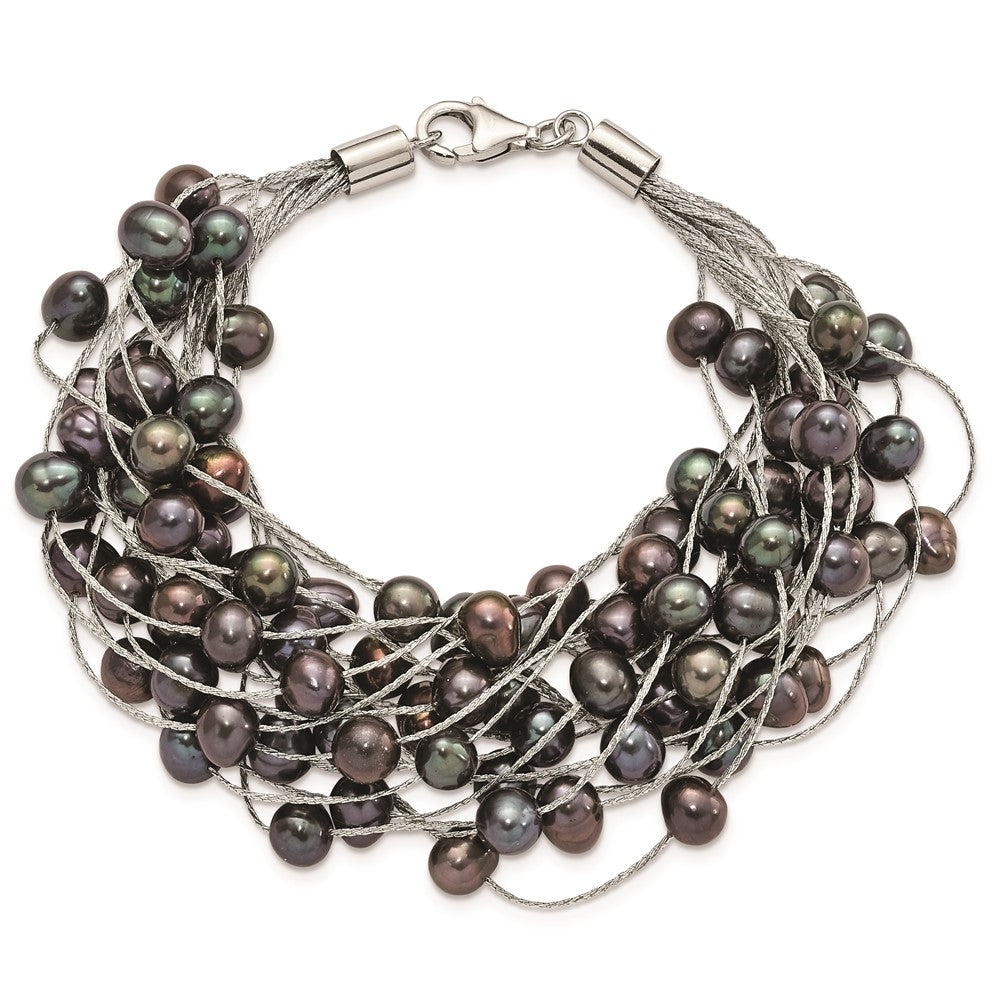 Sterling Silver Rhodium-plated 6-7mm Black Semi-Round Freshwater Cultured Pearl Multi Strand 7.5 inch Bracelet QH5632-7.5