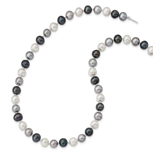 Sterling Silver Rhodium-plated 8-9mm Black, Green and White Semi-Round Freshwater Cultured Pearl 18 inch Necklace QH5633-18