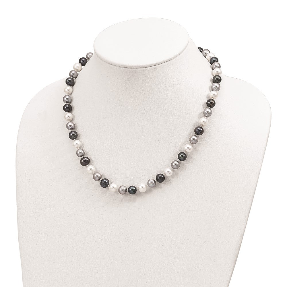 Sterling Silver Rhodium-plated 8-9mm Black, Green and White Semi-Round Freshwater Cultured Pearl 18 inch Necklace QH5633-18