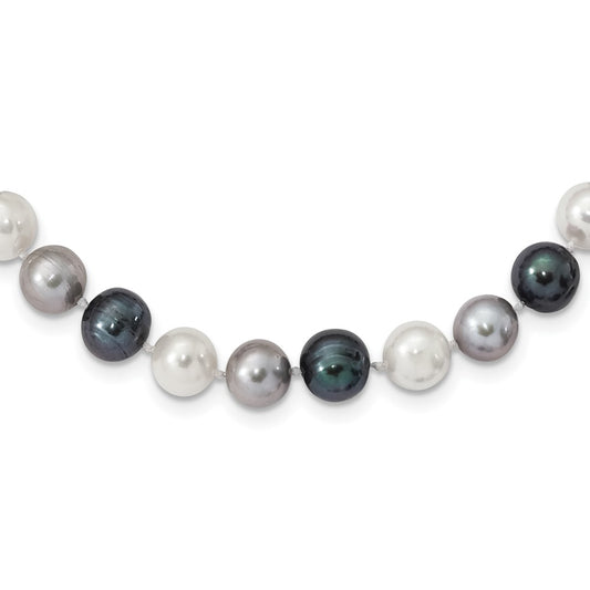 Sterling Silver Rhodium-plated 8-9mm Black, Green and White Semi-Round Freshwater Cultured Pearl 18 inch Necklace QH5633-18