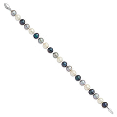 Sterling Silver Rhodium-plated 8-9mm Black, Green and White Semi-Round Freshwater Cultured Pearl 7.5 inch Bracelet QH5633-7.5