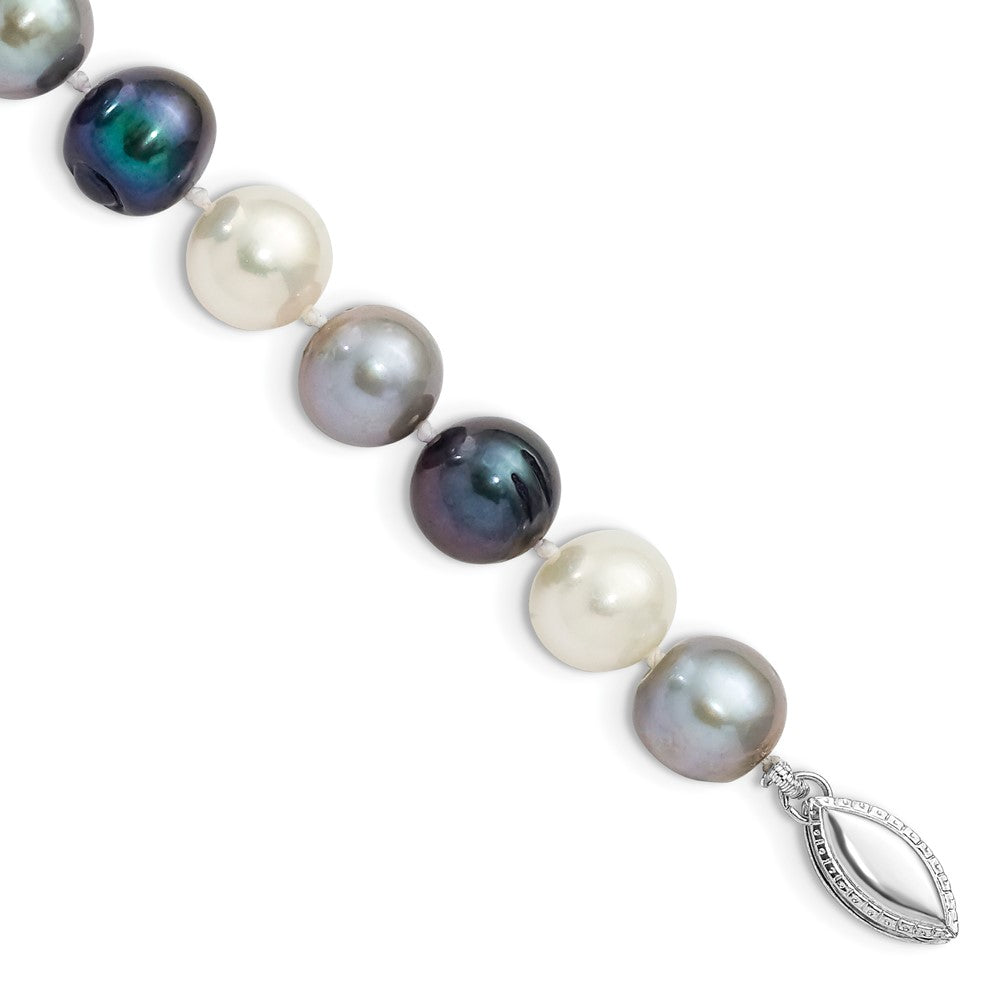 Sterling Silver Rhodium-plated 8-9mm Black, Green and White Semi-Round Freshwater Cultured Pearl 7.5 inch Bracelet QH5633-7.5