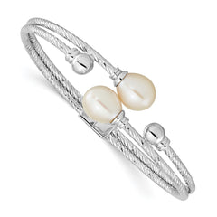Sterling Silver Rhodium-plated White 8x10mm Teardrop Freshwater Cultured Pearl Hinged Bangle QH5644