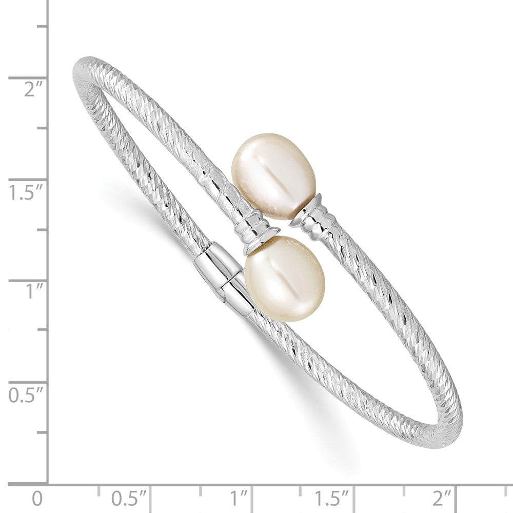 Sterling Silver Rhodium-plated 8-9mm White Rice Freshwater Cultured Pearl Hinged Bangle QH5645
