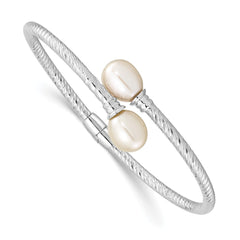 Sterling Silver Rhodium-plated 8-9mm White Rice Freshwater Cultured Pearl Hinged Bangle QH5645