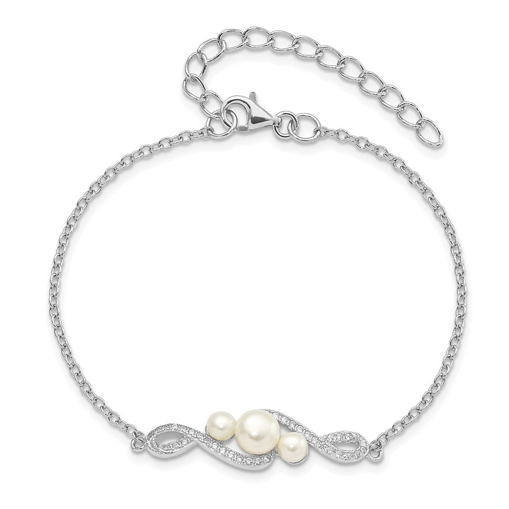 Sterling Silver Rhodium-plated 4-7mm White Button Freshwater Cultured Pearl and CZ 7 inch with 2 inch Extension Bracelet QH5651-7