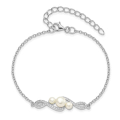 Sterling Silver Rhodium-plated 4-7mm White Button Freshwater Cultured Pearl and CZ 7 inch with 2 inch Extension Bracelet QH5651-7