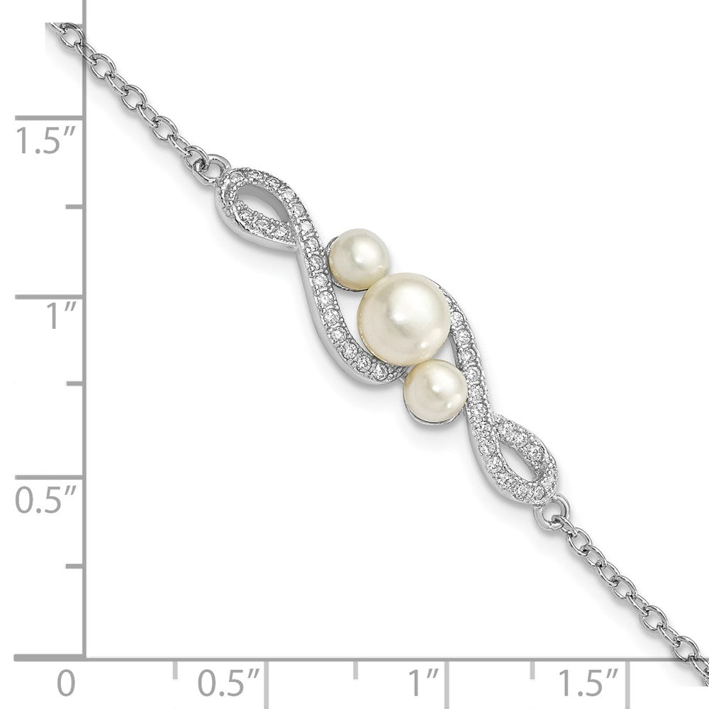 Sterling Silver Rhodium-plated 4-7mm White Button Freshwater Cultured Pearl and CZ 7 inch with 2 inch Extension Bracelet QH5651-7