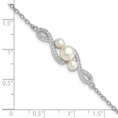 Sterling Silver Rhodium-plated 4-7mm White Button Freshwater Cultured Pearl and CZ 7 inch with 2 inch Extension Bracelet QH5651-7