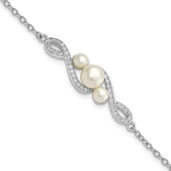 Sterling Silver Rhodium-plated 4-7mm White Button Freshwater Cultured Pearl and CZ 7 inch with 2 inch Extension Bracelet QH5651-7