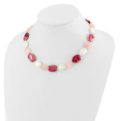 Sterling Silver Pink Agate/Quartz, Jade, Crystal w/2in ext Necklace QH5669-18