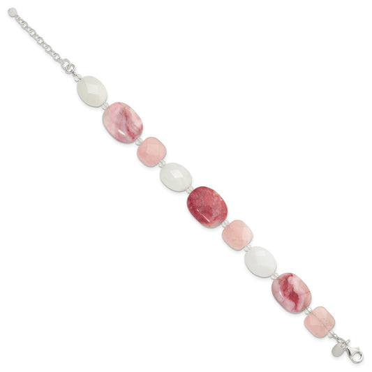 Sterling Silver Pink Agate/Quartz, Jade, Crystal w/1in ext Bracelet QH5669-7.75