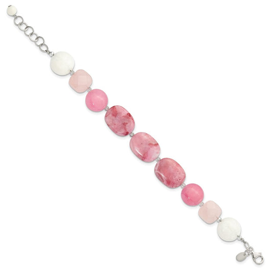 Sterling Silver Pink Agate, Pink/Jade/Rose Quartz/Crystal Bracelet QH5670-8.5