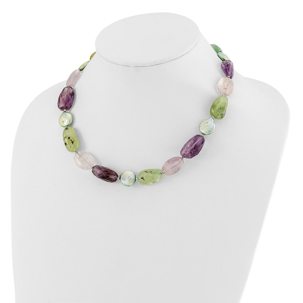 Sterling Silver Amethyst, Green Pearl and Prehnite 2in ext Necklace QH5675-18
