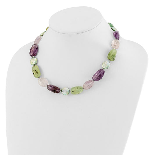 Sterling Silver Amethyst, Green Pearl and Prehnite 2in ext Necklace QH5675-18