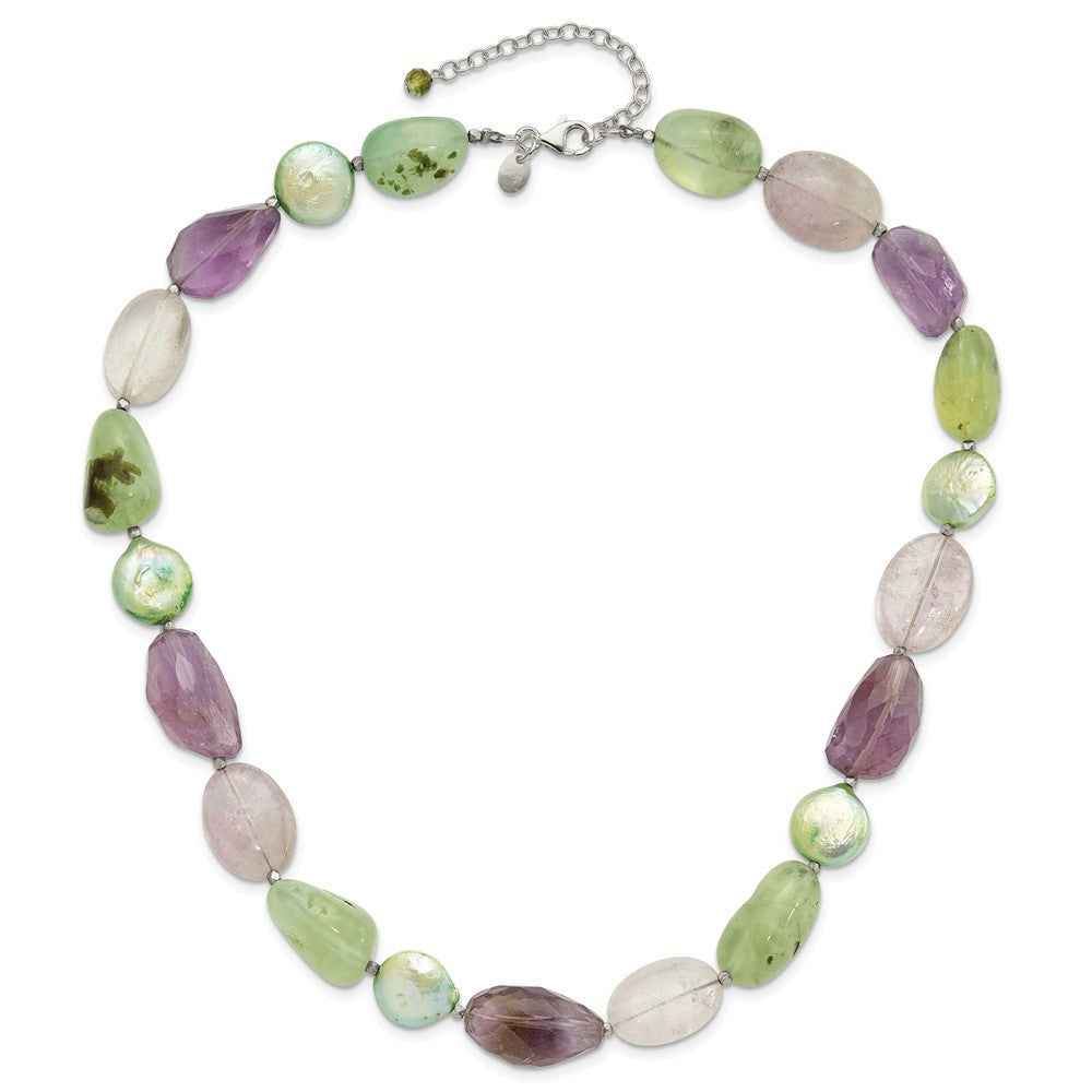 Sterling Silver Amethyst, Green Pearl and Prehnite 2in ext Necklace QH5675-18