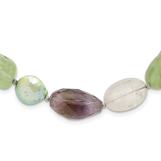 Sterling Silver Amethyst, Green Pearl and Prehnite 2in ext Necklace QH5675-18