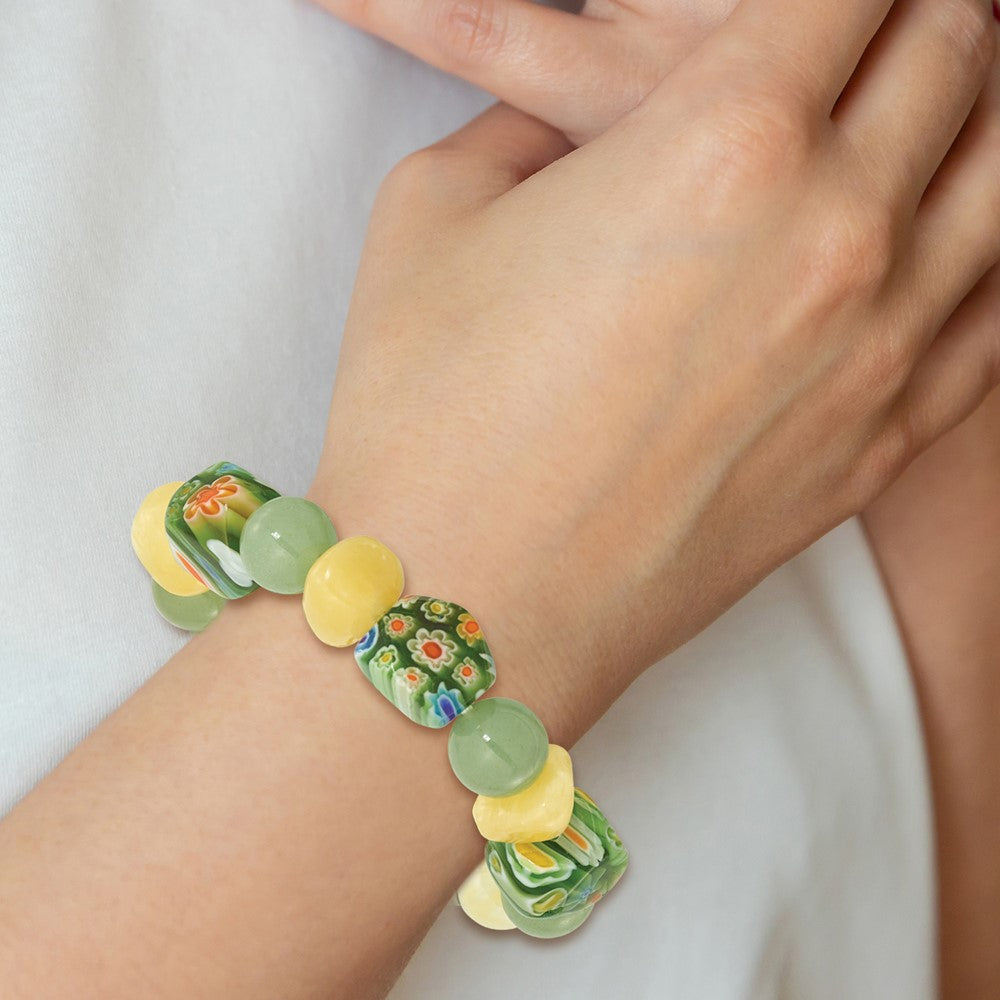 Aventurine, Yellow Jade and Kangsai Glass Beaded Stretch Bracelet QH5749