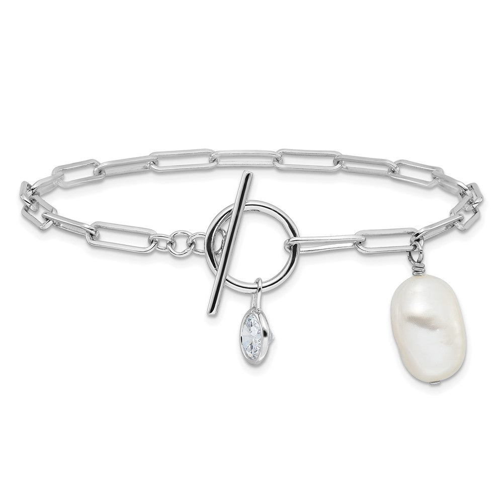 Sterling Silver Rhod-plated Paperclip CZ/FWC Pearl Toggle Bracelet QH5768-7.5