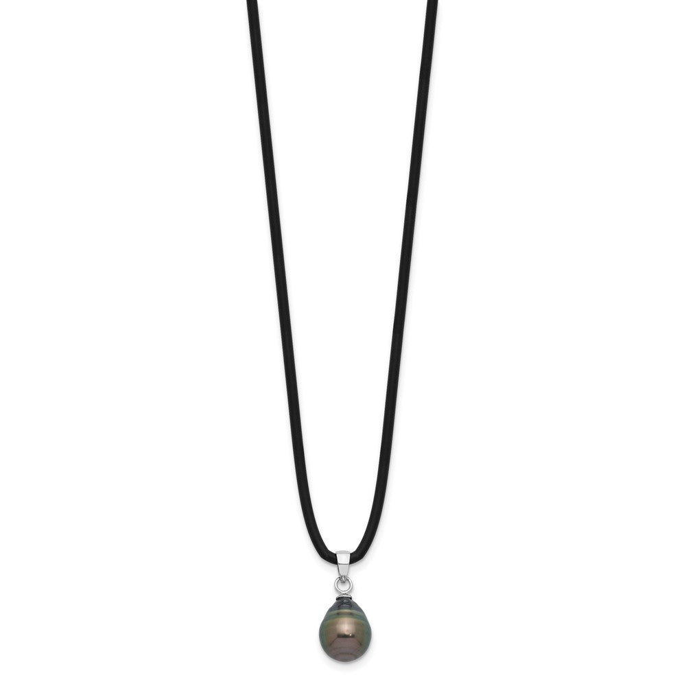 Sterling Silver Rhodium-plated 9-10mm Black Teardrop Tahitian Saltwater Cultured Pearl 18 inch Black Silicone Necklace QH5772-18