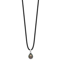 Sterling Silver Rhodium-plated 9-10mm Black Teardrop Tahitian Saltwater Cultured Pearl 18 inch Black Silicone Necklace QH5772-18