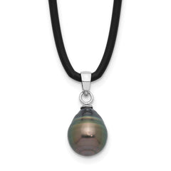 Sterling Silver Rhodium-plated 9-10mm Black Teardrop Tahitian Saltwater Cultured Pearl 18 inch Black Silicone Necklace QH5772-18