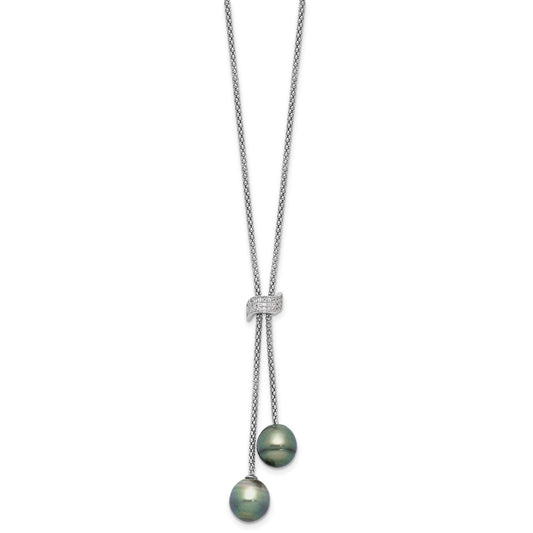 Sterling Silver Rhodium-plated 7-8mm Black Teardrop Tahitian Saltwater Cultured Pearl and CZ Dangle 18 inch with 2 inch Extension Necklace QH5773-18