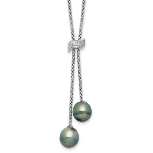 Sterling Silver Rhodium-plated 7-8mm Black Teardrop Tahitian Saltwater Cultured Pearl and CZ Dangle 18 inch with 2 inch Extension Necklace QH5773-18
