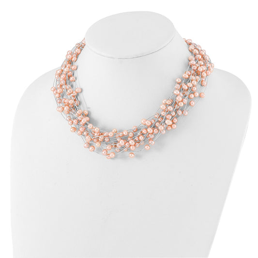 Sterling Silver Rhodium-plated 5-5.5mm Pink Semi-Round Freshwater Cultured Pearl Multi Strand 18 inch Necklace QH5782-18