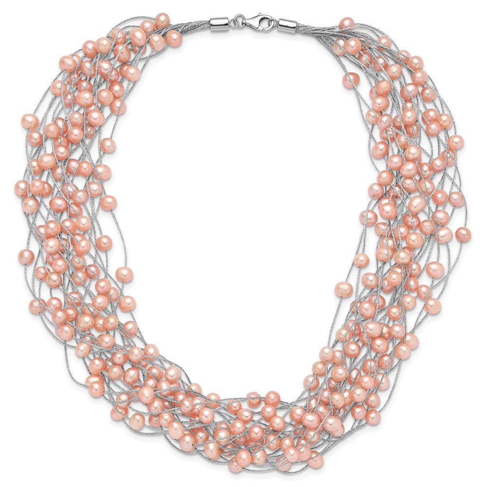 Sterling Silver Rhodium-plated 5-5.5mm Pink Semi-Round Freshwater Cultured Pearl Multi Strand 18 inch Necklace QH5782-18