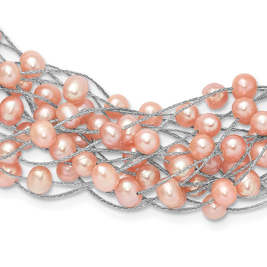 Sterling Silver Rhodium-plated 5-5.5mm Pink Semi-Round Freshwater Cultured Pearl Multi Strand 18 inch Necklace QH5782-18