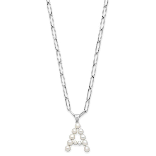 Sterling Silver Rhodium-plated 3-5.5mm White Button Freshwater Cultured Pearl LETTER A 18 inch Necklace QH5808A-18