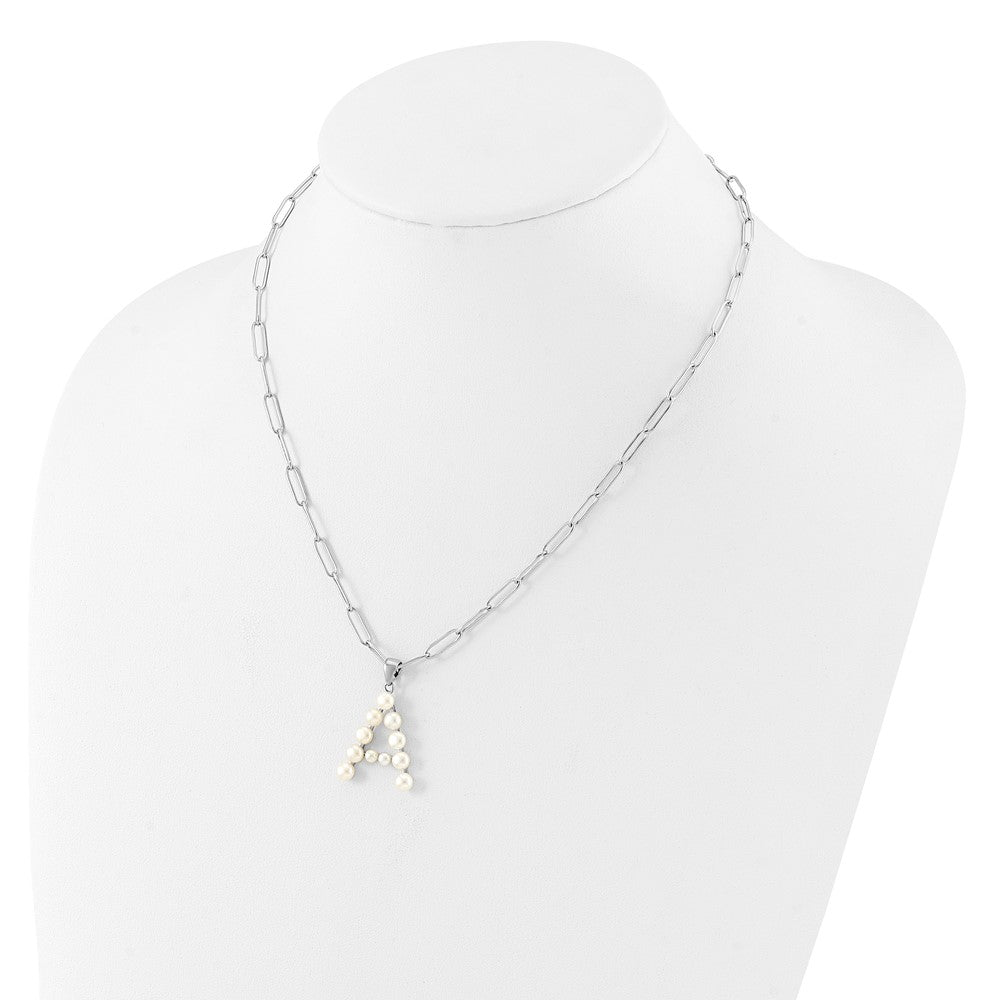 Sterling Silver Rhodium-plated 3-5.5mm White Button Freshwater Cultured Pearl LETTER A 18 inch Necklace QH5808A-18