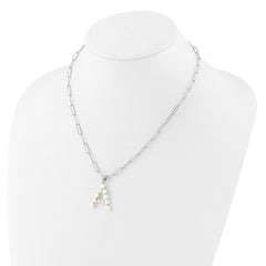 Sterling Silver Rhodium-plated 3-5.5mm White Button Freshwater Cultured Pearl LETTER A 18 inch Necklace QH5808A-18