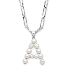 Sterling Silver Rhodium-plated 3-5.5mm White Button Freshwater Cultured Pearl LETTER A 18 inch Necklace QH5808A-18