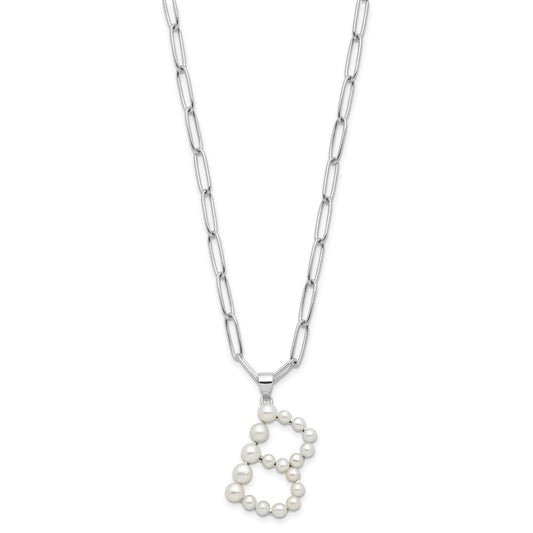 Sterling Silver Rhodium-plated 3-5.5mm White Button Freshwater Cultured Pearl LETTER B 18 inch Necklace QH5808B-18