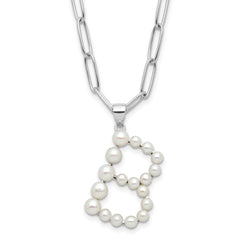 Sterling Silver Rhodium-plated 3-5.5mm White Button Freshwater Cultured Pearl LETTER B 18 inch Necklace QH5808B-18