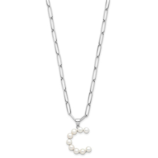 Sterling Silver Rhodium-plated 3-5.5mm White Button Freshwater Cultured Pearl LETTER C 18 inch Necklace QH5808C-18