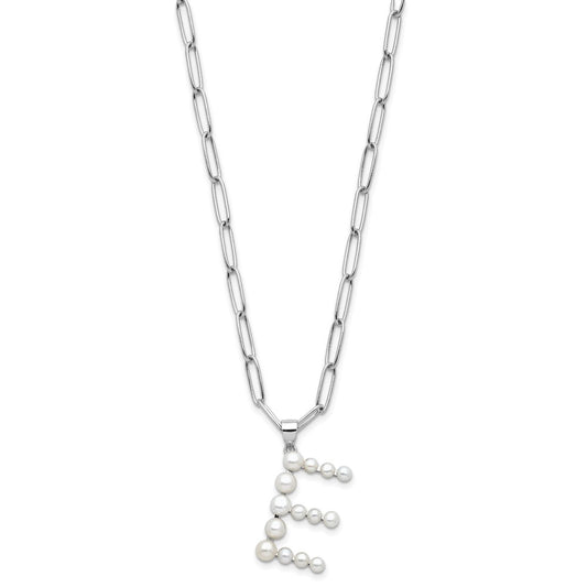 Sterling Silver Rhodium-plated 3-5.5mm White Button Freshwater Cultured Pearl LETTER E 18 inch Necklace QH5808E-18