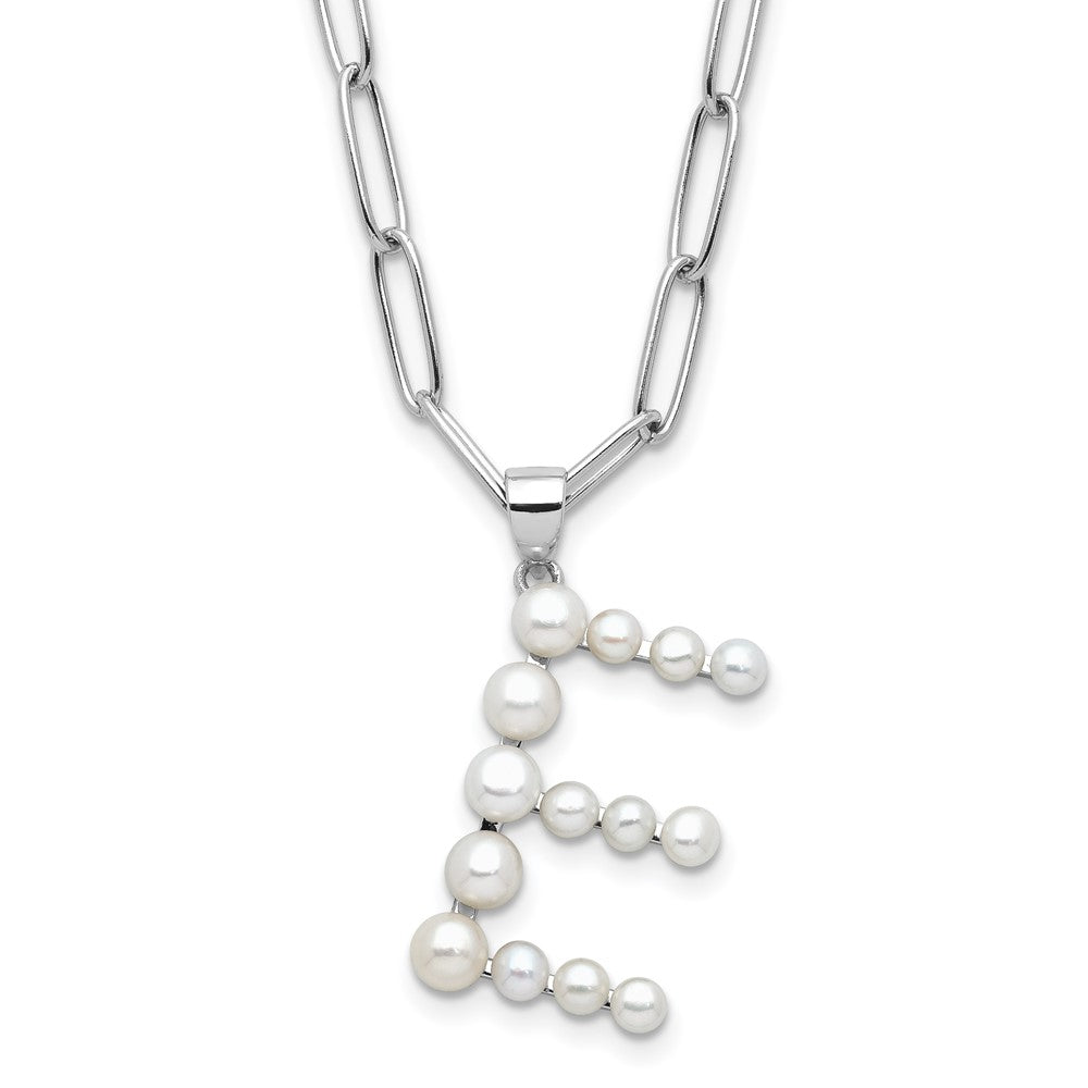 Sterling Silver Rhodium-plated 3-5.5mm White Button Freshwater Cultured Pearl LETTER E 18 inch Necklace QH5808E-18