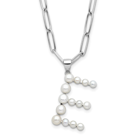 Sterling Silver Rhodium-plated 3-5.5mm White Button Freshwater Cultured Pearl LETTER E 18 inch Necklace QH5808E-18