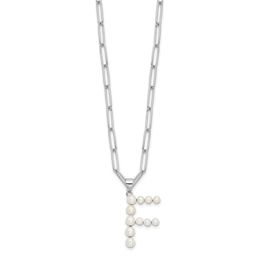 Sterling Silver Rhodium-plated 3-5.5mm White Button Freshwater Cultured Pearl LETTER F 18 inch Necklace QH5808F-18