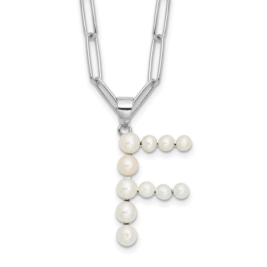 Sterling Silver Rhodium-plated 3-5.5mm White Button Freshwater Cultured Pearl LETTER F 18 inch Necklace QH5808F-18