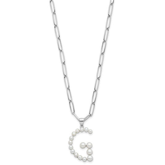Sterling Silver Rhodium-plated 3-5.5mm White Button Freshwater Cultured Pearl LETTER G 18 inch Necklace QH5808G-18