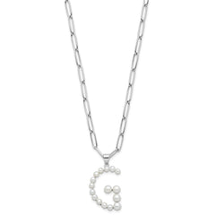 Sterling Silver Rhodium-plated 3-5.5mm White Button Freshwater Cultured Pearl LETTER G 18 inch Necklace QH5808G-18