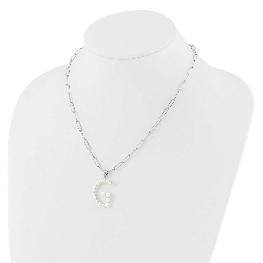 Sterling Silver Rhodium-plated 3-5.5mm White Button Freshwater Cultured Pearl LETTER G 18 inch Necklace QH5808G-18