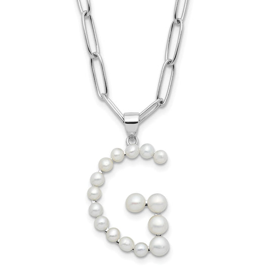 Sterling Silver Rhodium-plated 3-5.5mm White Button Freshwater Cultured Pearl LETTER G 18 inch Necklace QH5808G-18