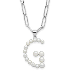 Sterling Silver Rhodium-plated 3-5.5mm White Button Freshwater Cultured Pearl LETTER G 18 inch Necklace QH5808G-18