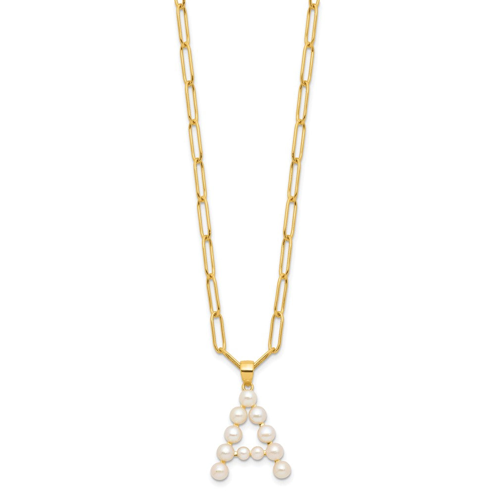 Sterling Silver Gold-plated 3-5.5mm White Button Freshwater Cultured Pearl LETTER A 18 inch Necklace QH5808GPA-18