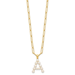 Sterling Silver Gold-plated 3-5.5mm White Button Freshwater Cultured Pearl LETTER A 18 inch Necklace QH5808GPA-18